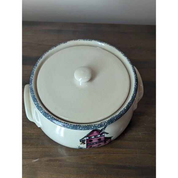 Vintage Home and Garden Party Stoneware Bean Pot With Lid Bird House Design 2001 - Picture 3 of 11